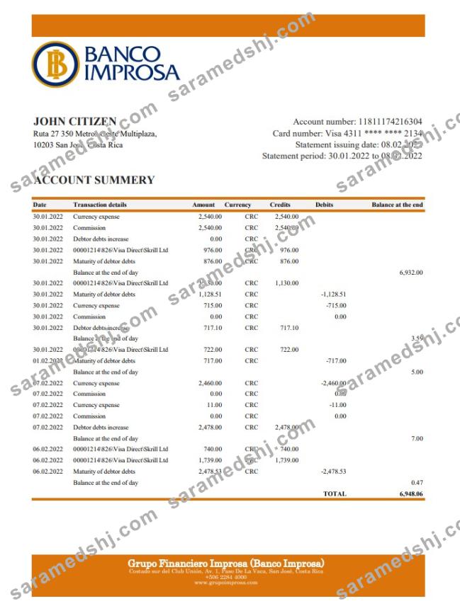 Costa Rica Banco Improsa bank statement xls